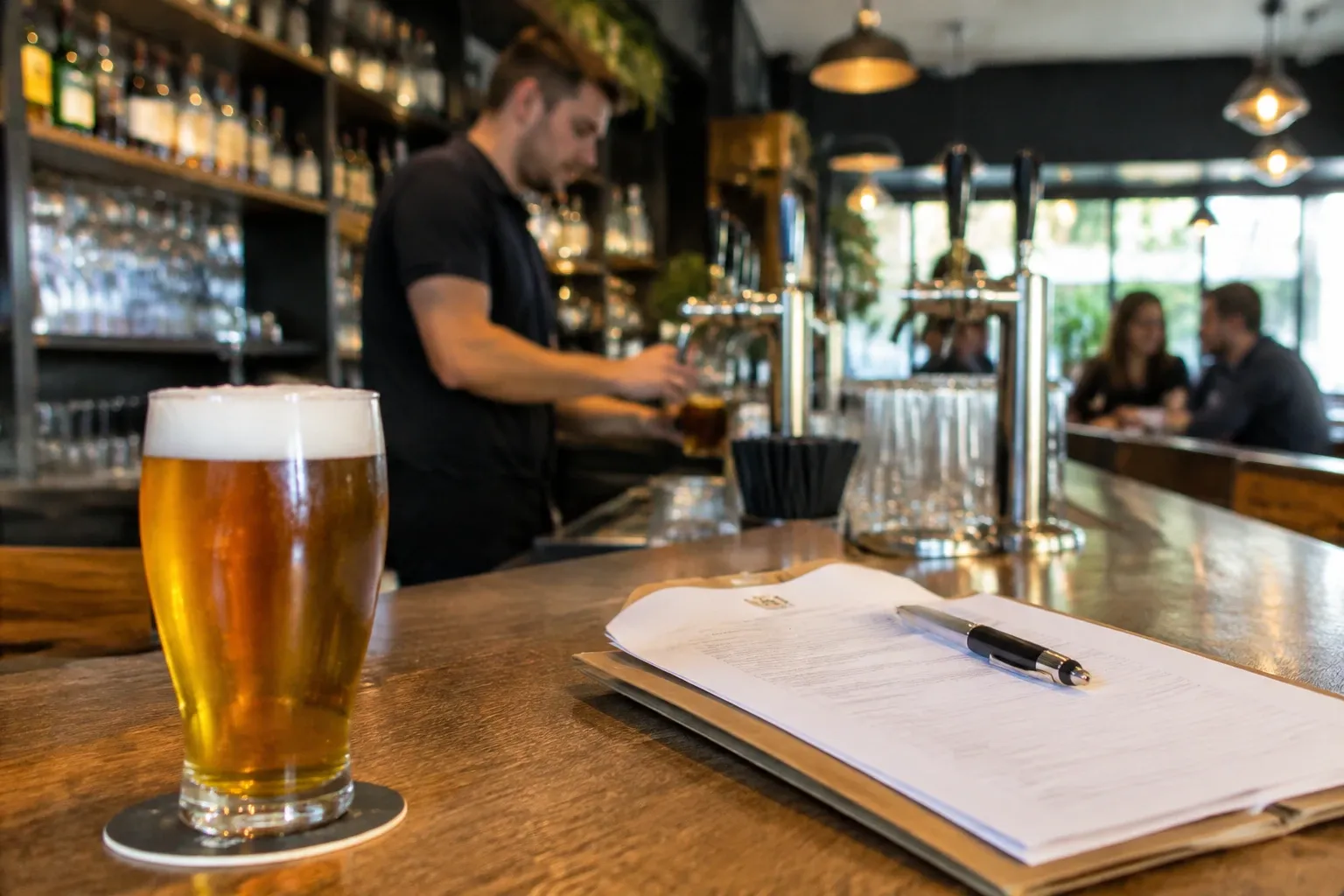 Glas bier op bar met invulformulier en pen, barman tapt achterin in café