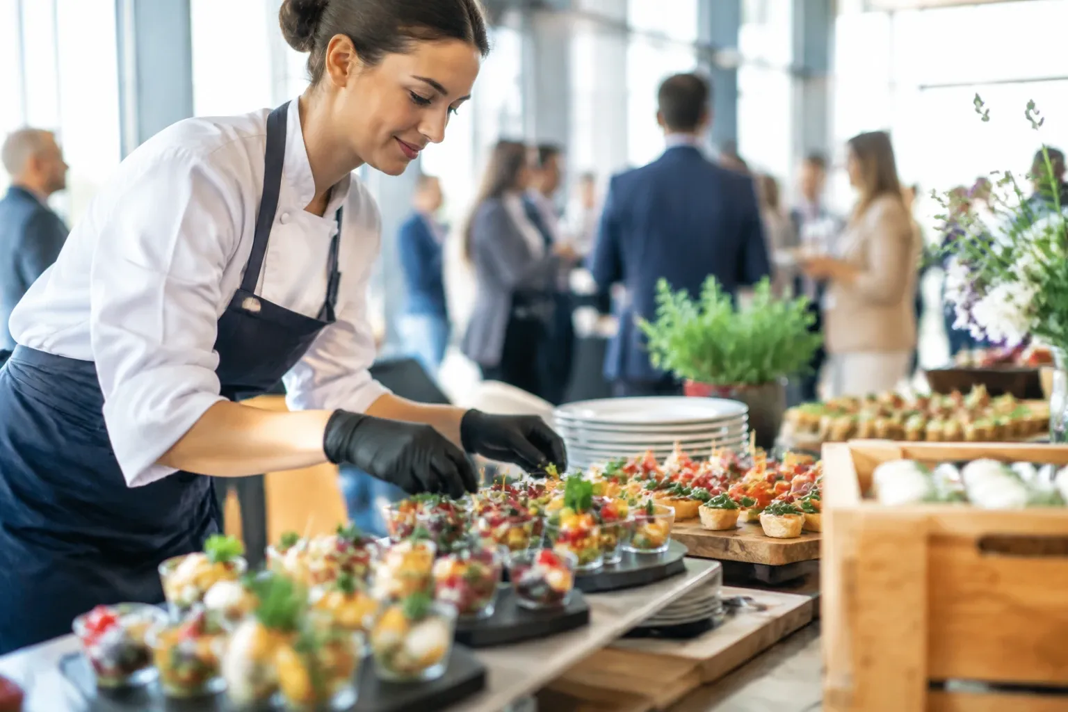 Cateringmedewerker legt hapjes op schaal klaar bij buffettafel tijdens evenement