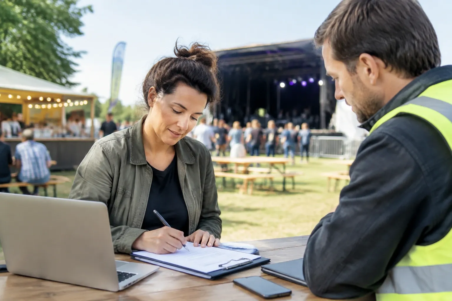 Vrouw tekent vergunningformulier aan tafel, man in veiligheidsvest kijkt toe bij buitenfestival
