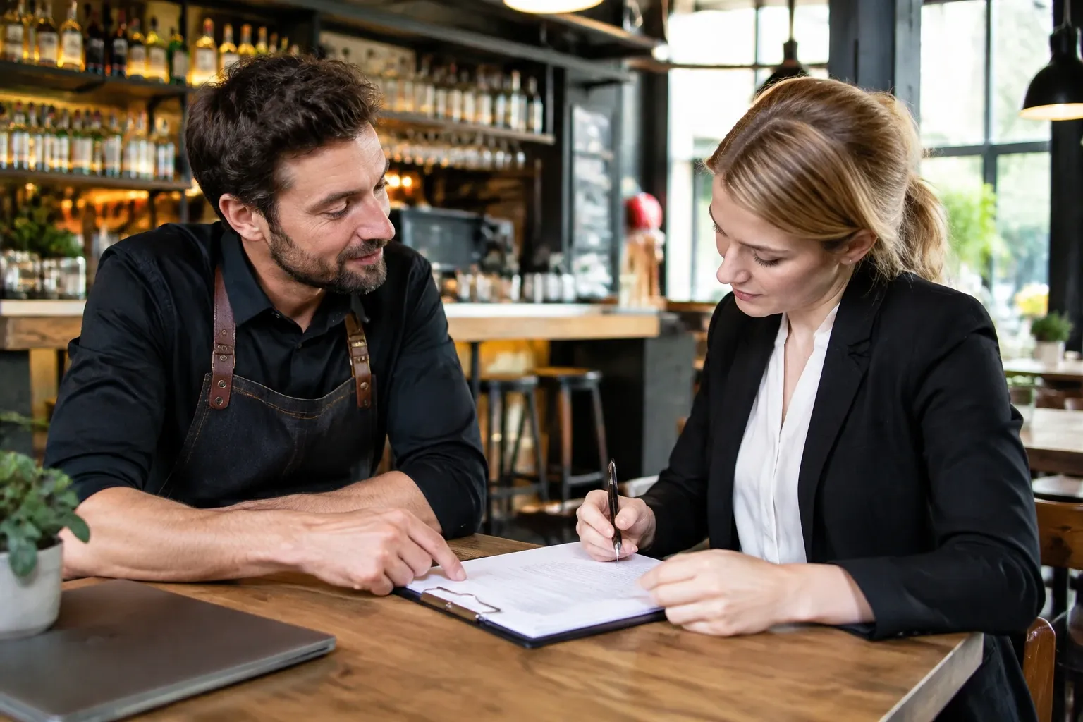 Vrouw ondertekent document aan tafel terwijl horecaondernemer toekijkt in caféomgeving