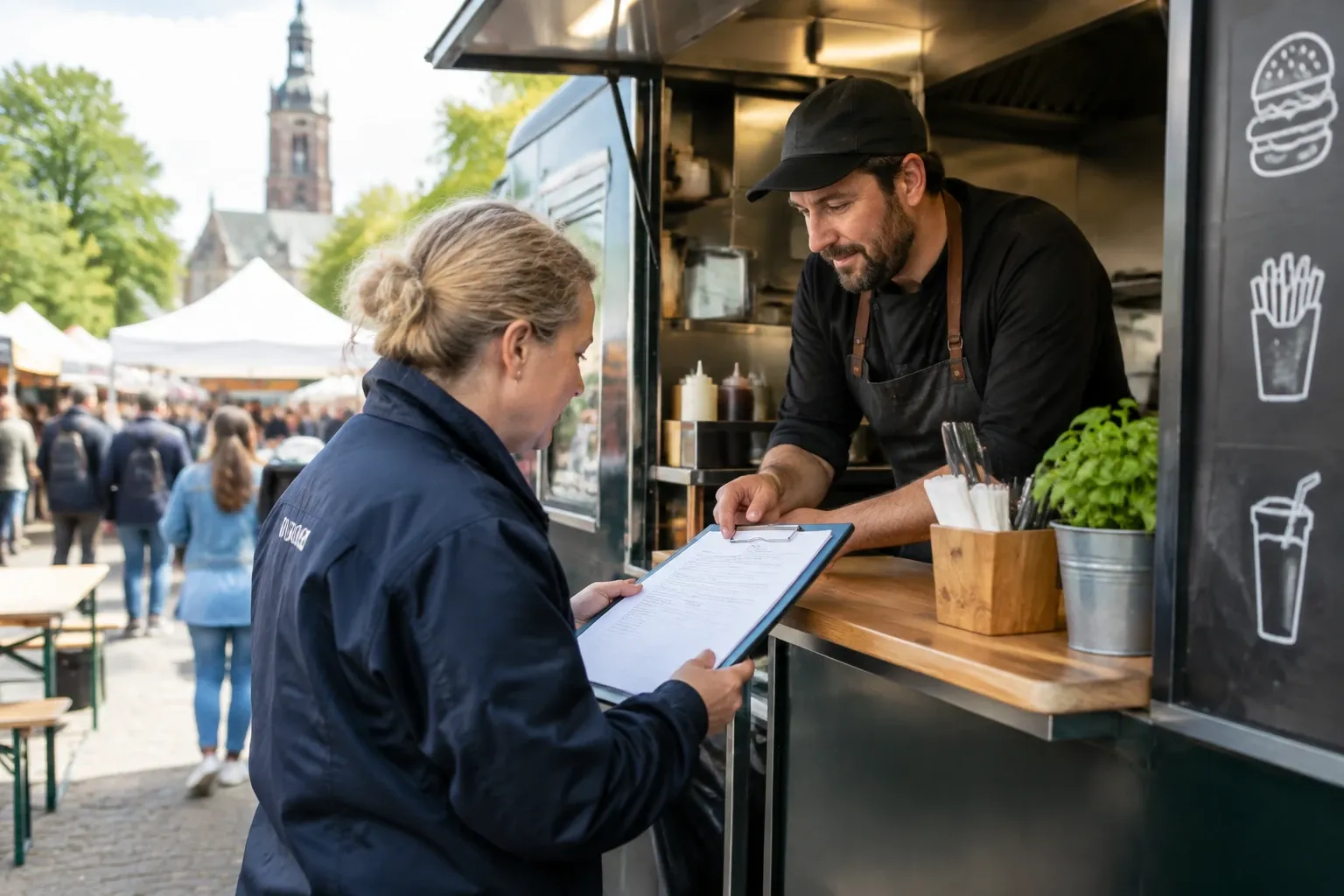 Medewerker controleert vergunningen bij foodtruck terwijl verkoper aanwijst menu
