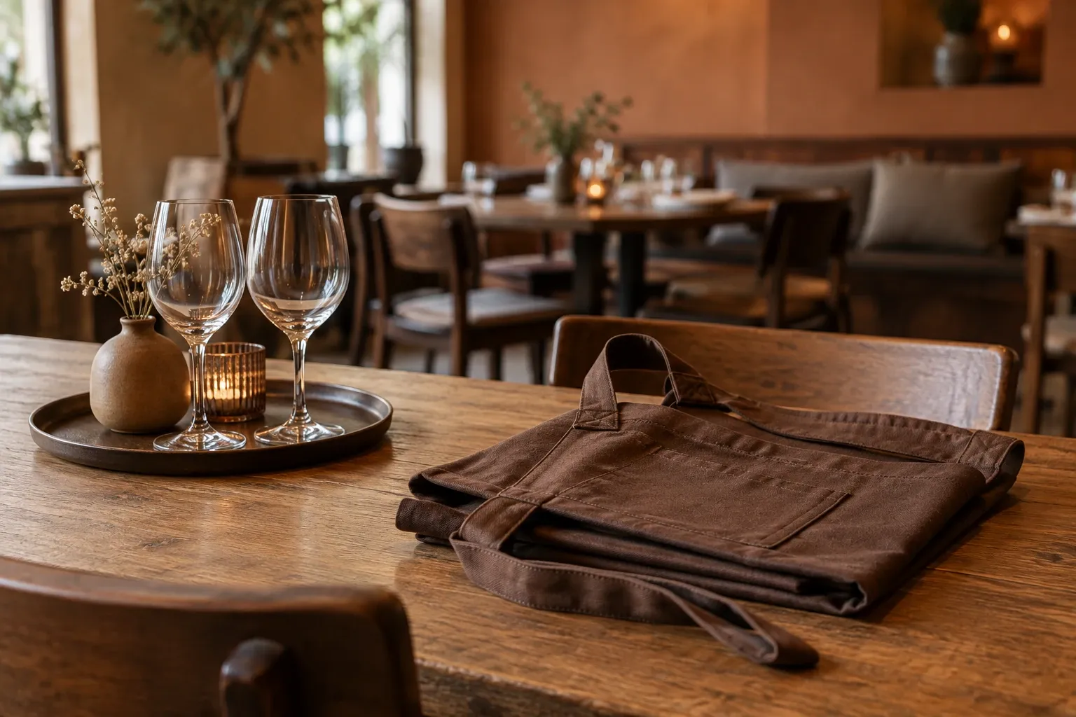 Gevouwen bruine schort op houten tafel naast dienblad met wijnglazen en kaarslicht