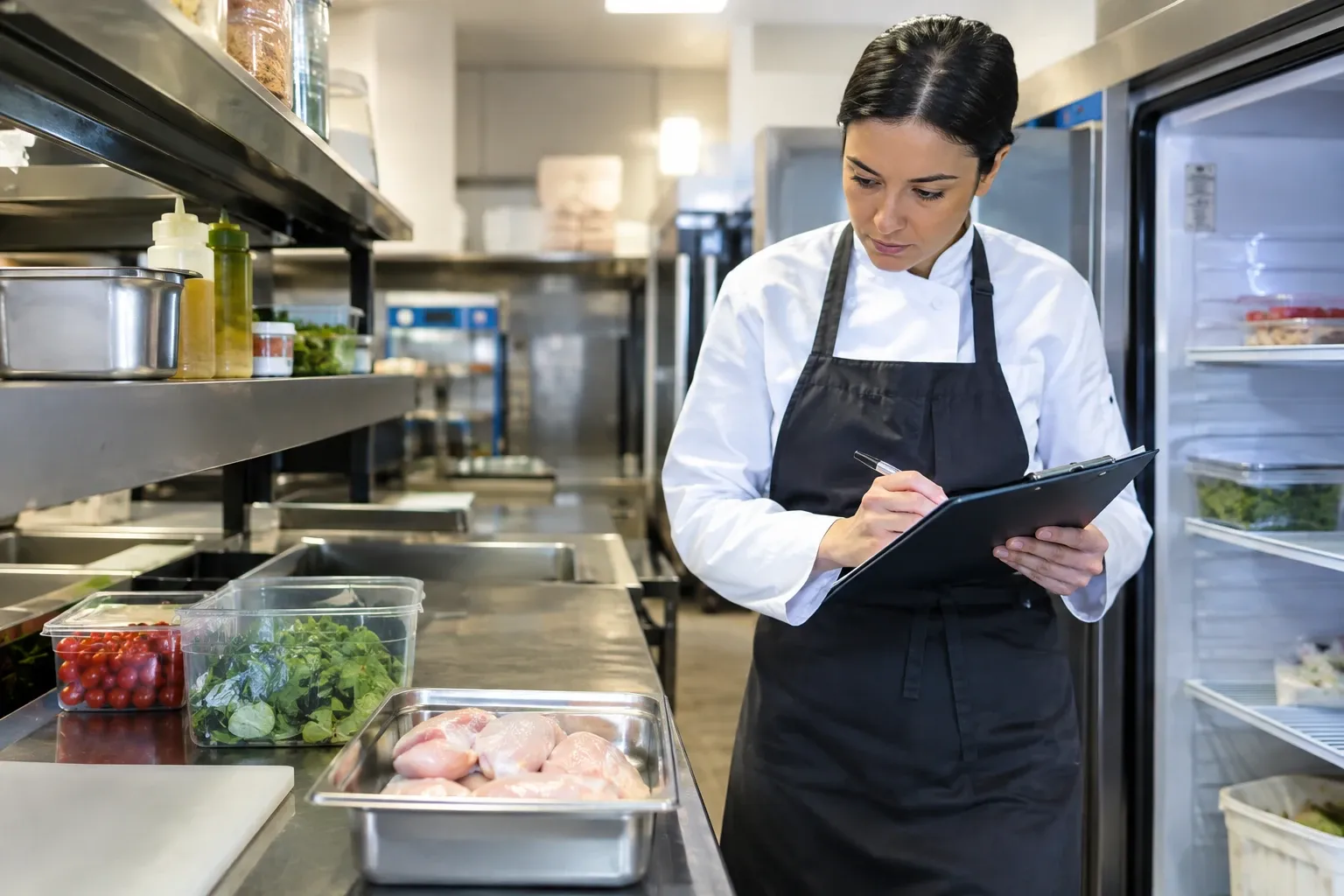 Chef in keuken controleert HACCP-lijst bij open koelmeubel met rauwe kip en groenten