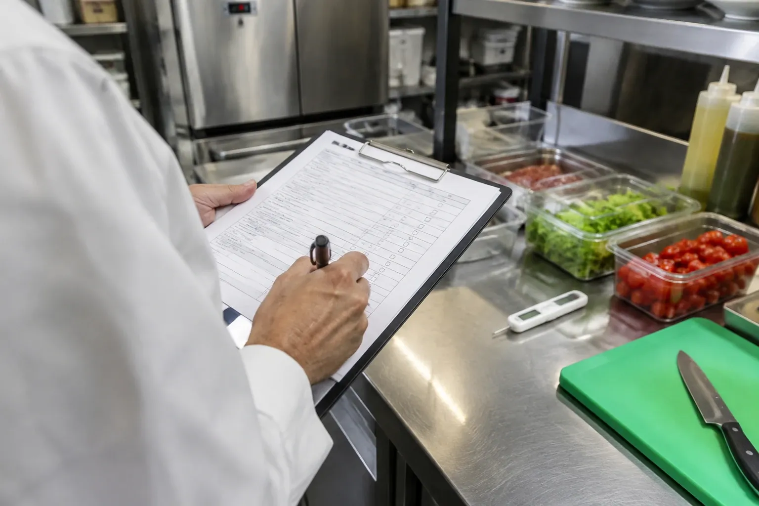 Kok vult HACCP-controlelijst in naast snijplank, verse tomaten en ingrediënten