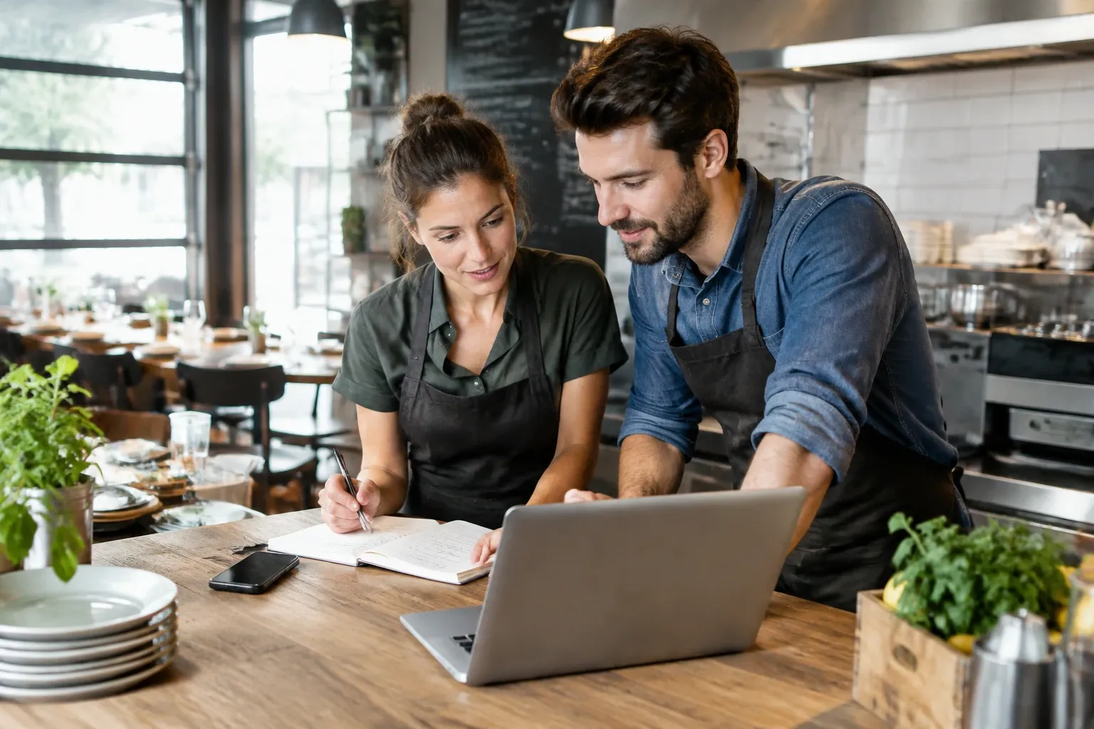 Twee koks in schorten overleggen bij laptop en notities in restaurantkeuken
