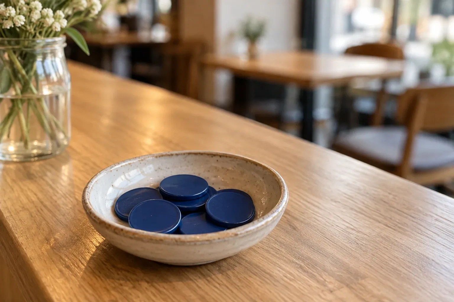 Keramische schaal met vijf blauwe horeca munten op houten bar in caféomgeving