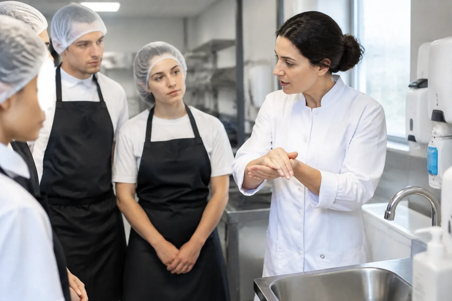 Chef legt handwasprocedure uit aan keukenteam bij gootsteen en zeepdispenser