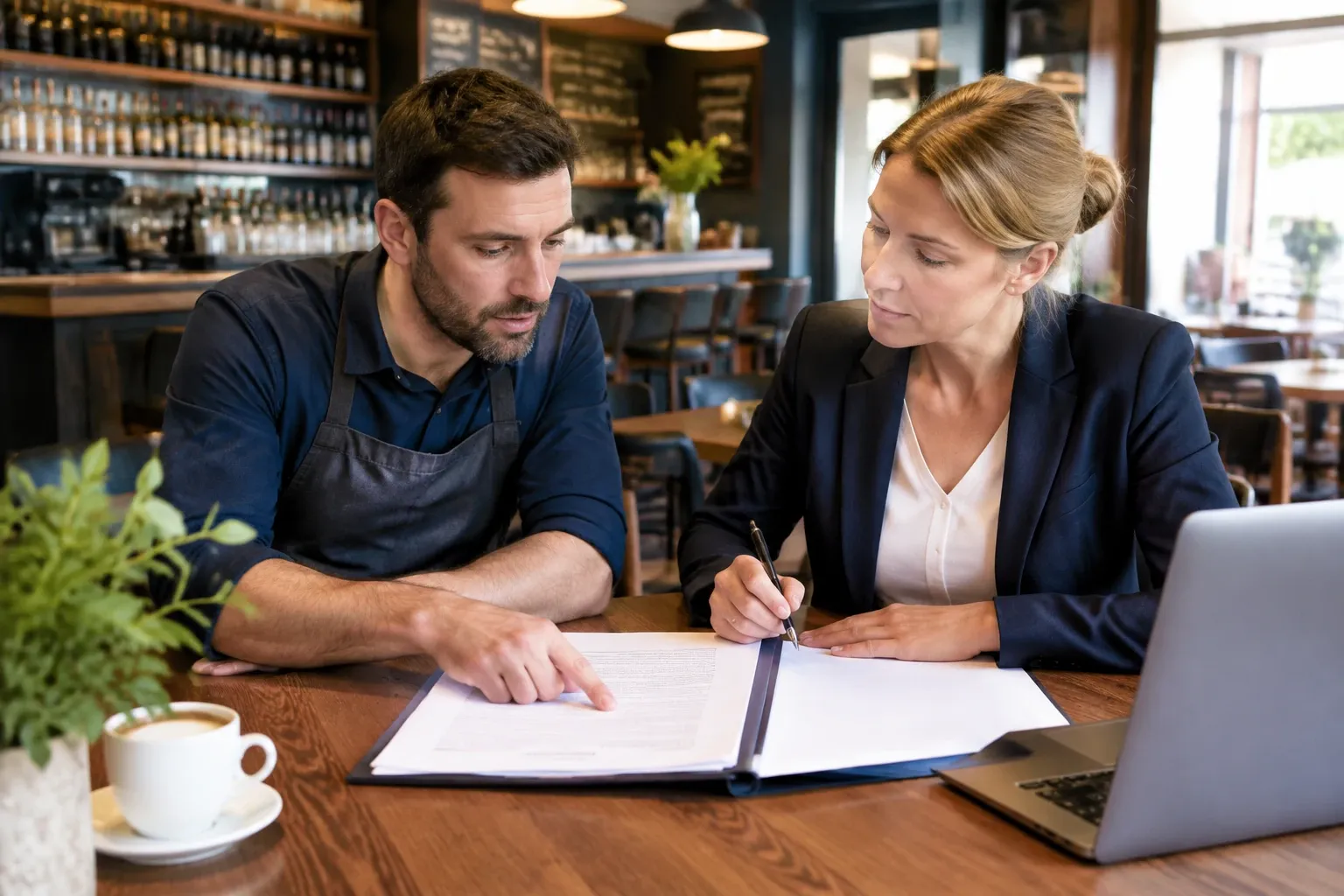Café-eigenaar en zakenvrouw bespreken documenten aan tafel met laptop en koffie
