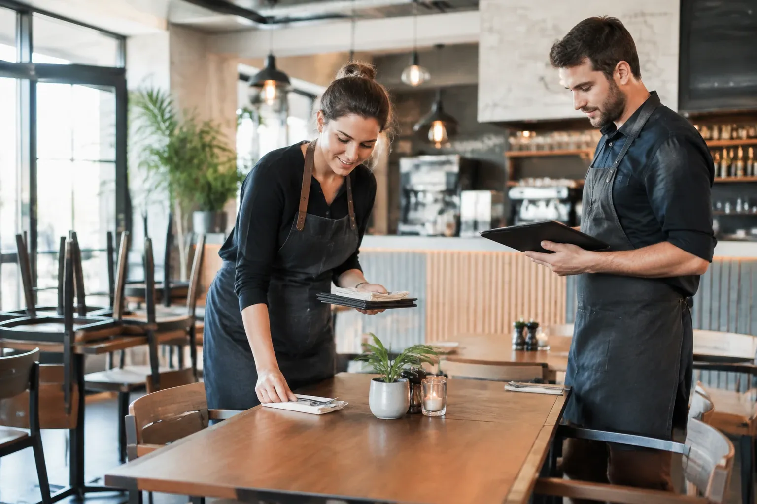 Vrouw met schort de tafel dekken terwijl man met tablet observeert in restaurant interior