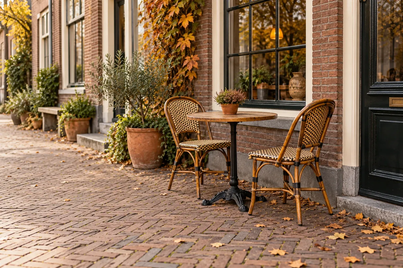 Terras met bistrotafel en twee rieten stoelen tegen gevel, herfstbladeren op straat