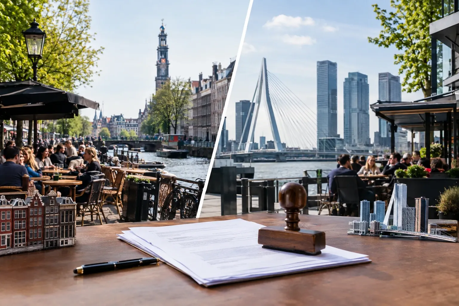 Gedeeld beeld: terras aan Amsterdamse gracht links, terrassen en Erasmusbrug Rotterdam rechts, stempel op documenten op tafel