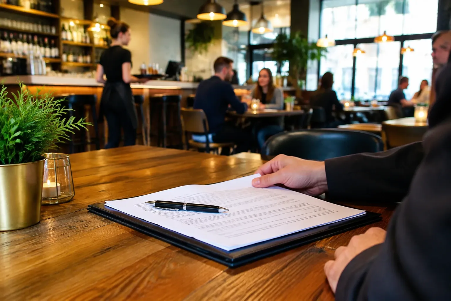 Hand tekent exploitatievergunningformulier op tafel in sfeervol restaurant