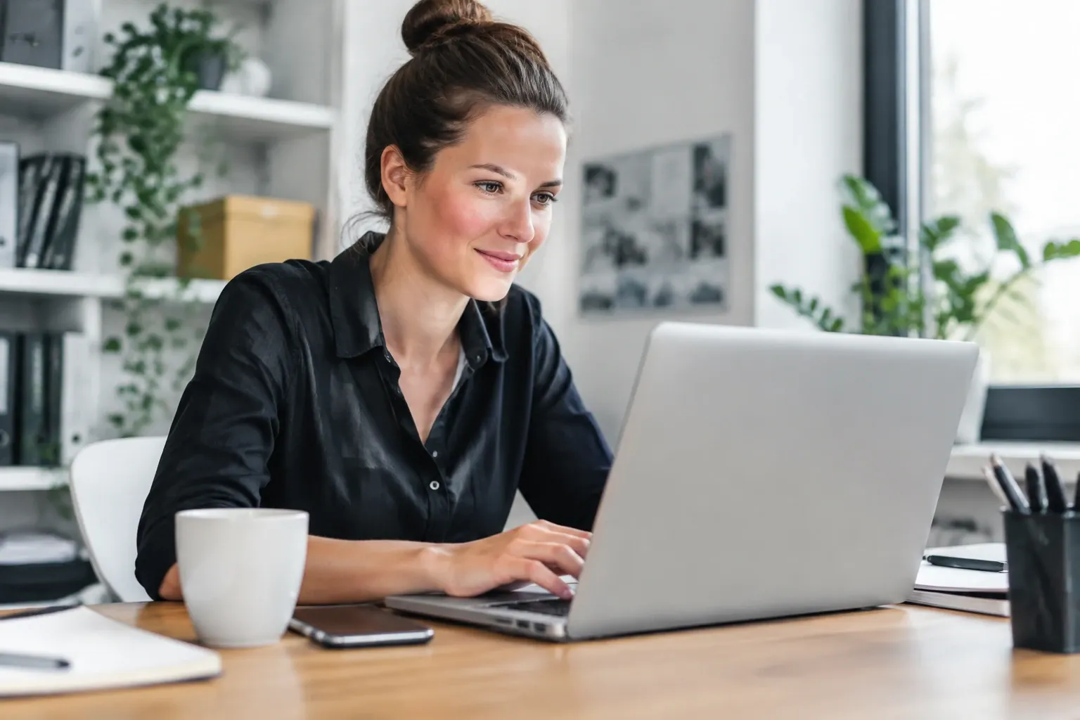 Vrouw achter laptop aan bureau, typt geconcentreerd met mok en smartphone naast zich