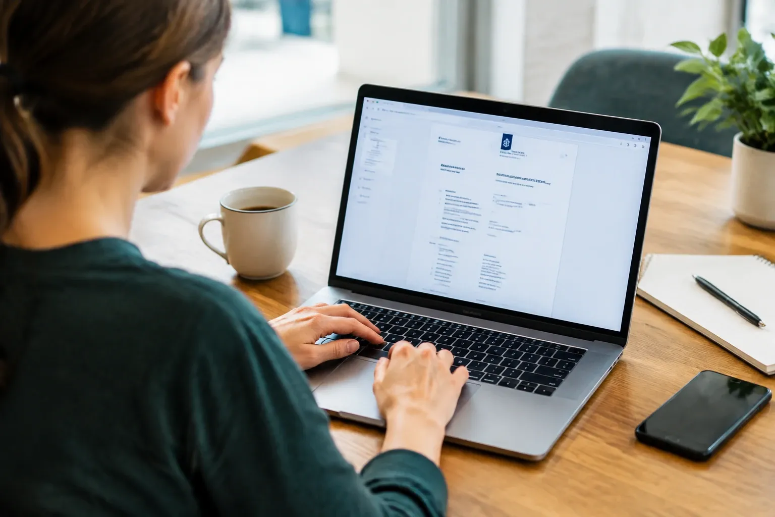 Vrouw aan tafel typt op laptop met KVK-uittreksel op scherm, koffiemok, smartphone en notitieblok zichtbaar