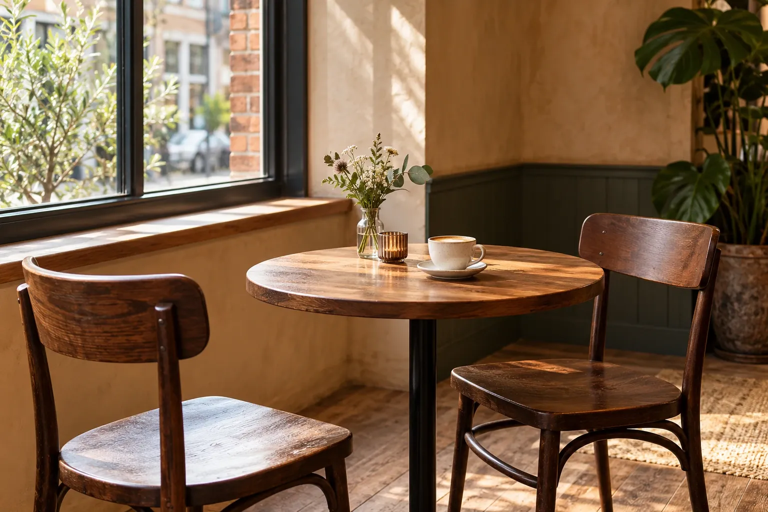 Zonnig caféhoekje met ronde houten tafel, kopje koffie en klein vaasje bloemen