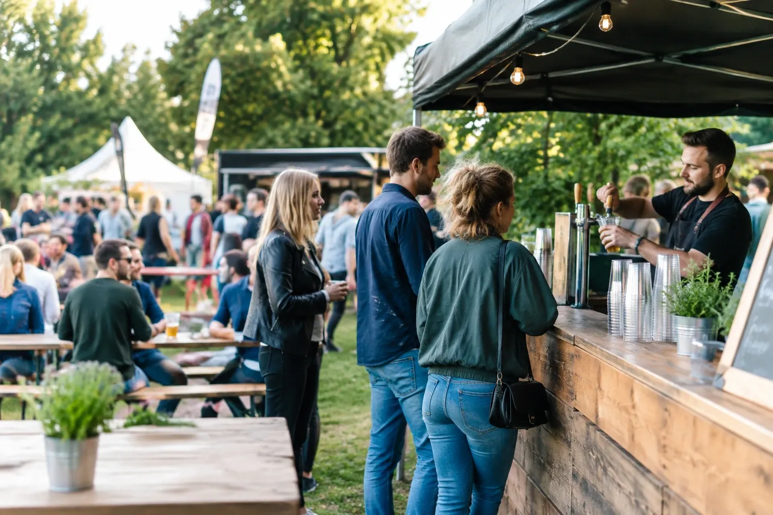 Bezoekers bestellen bier aan houten pop-up bar in park tijdens zonnig buitenfestival