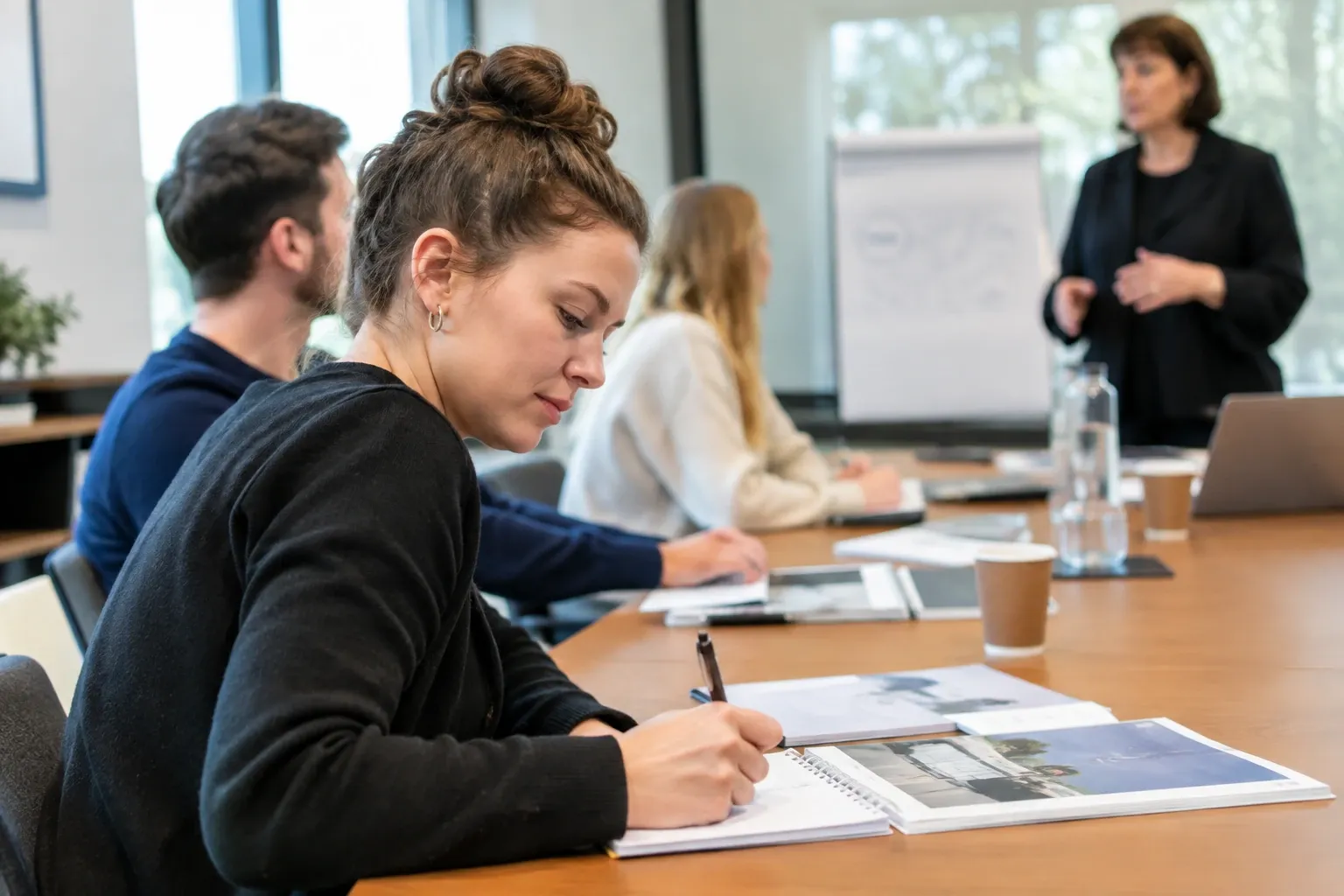 Vrouw schrijft aantekeningen tijdens les sociale hygiëne, docent vooraan uitleg geeft
