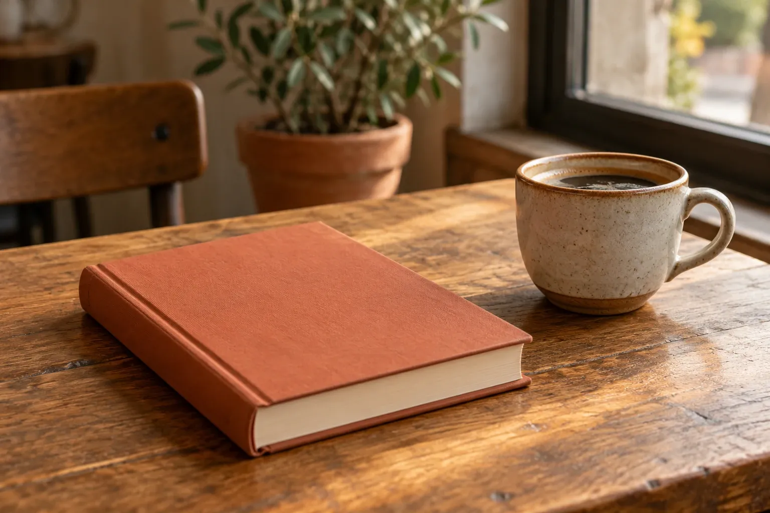 Oranje gebonden boek naast keramische koffiekop op houten tafel bij raam