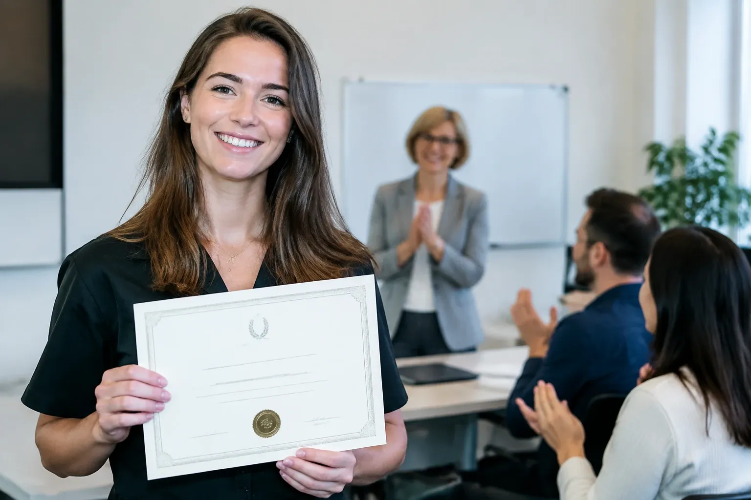 Vrouw lacht en toont diploma terwijl klasgenoten en docent applaudisseren