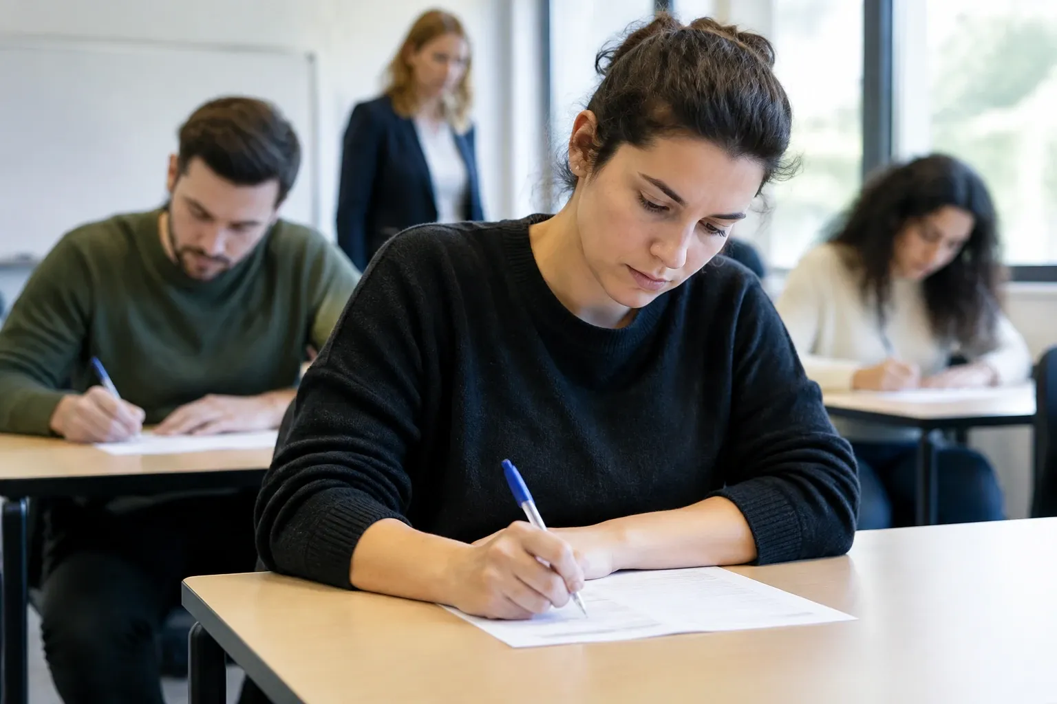 Drie volwassen studenten schrijven examen in klas, docent kijkt toezicht houdend naar achteren