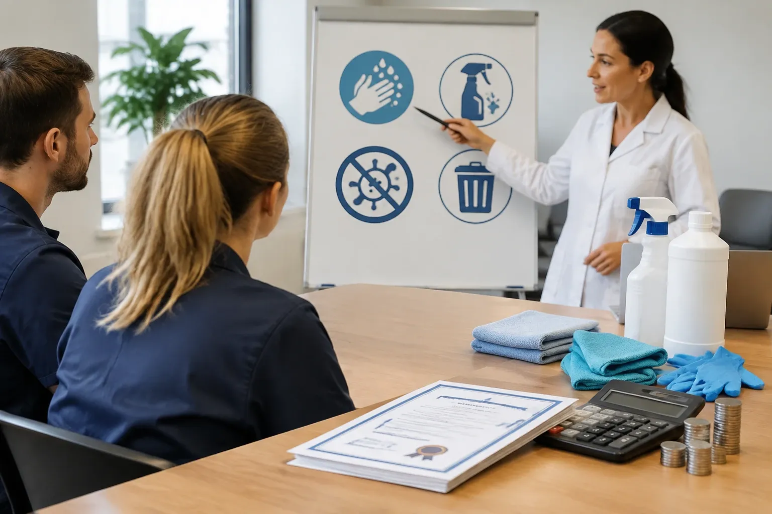Trainer wijst op hygiënepictogrammen terwijl cursisten luisteren in vergaderruimte