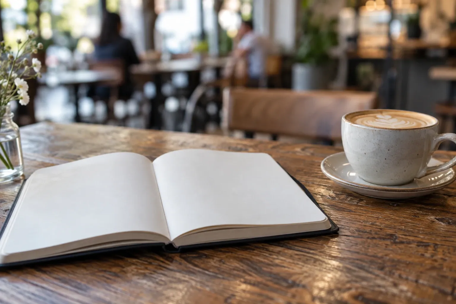 Open notitieboek op houten tafel naast cappuccino in gezellige caféomgeving met diffuse achtergrond 사람