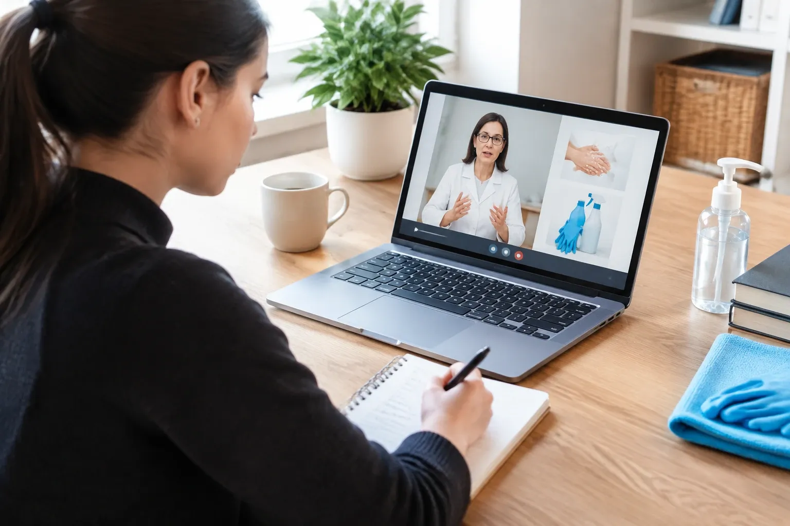 Vrouw neemt online cursus hygiëne, laptop toont instructrice en handschoen- en reinigingsbeelden