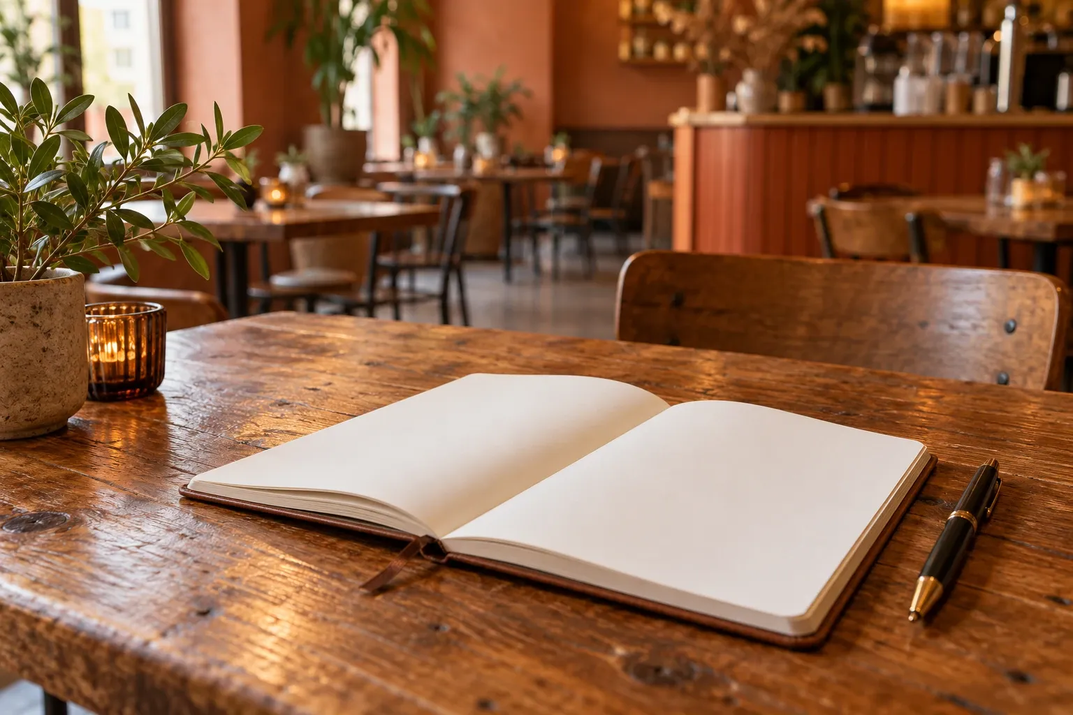 Open notitieboek en pen op houten tafel in rustig café met warme verlichting