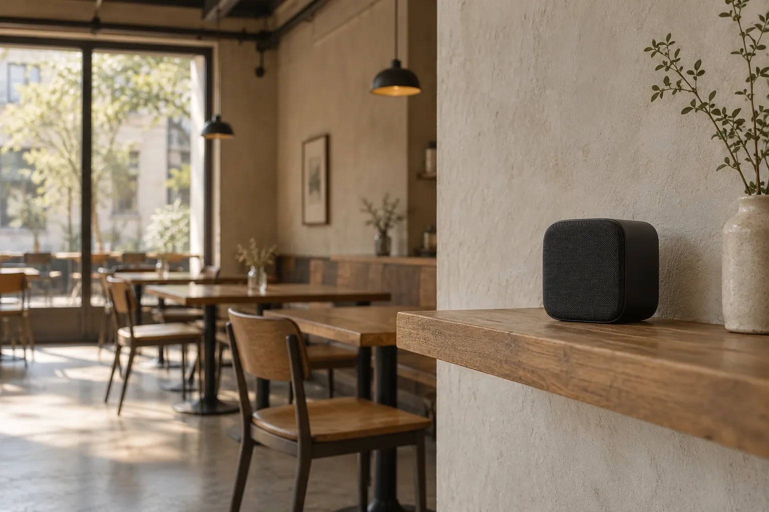 Compact zwarte bluetoothluidspreker op houten plank in leeg, zonovergoten café interieur