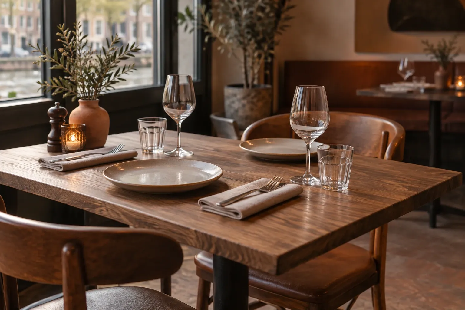 Gezette houten restauranttafel met borden, wijnglazen en linnen servetten